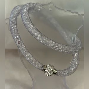 NEW Silver-Tone Faux Crystal Ball Magnetic Closure Gray Mesh Necklace/Bracelet